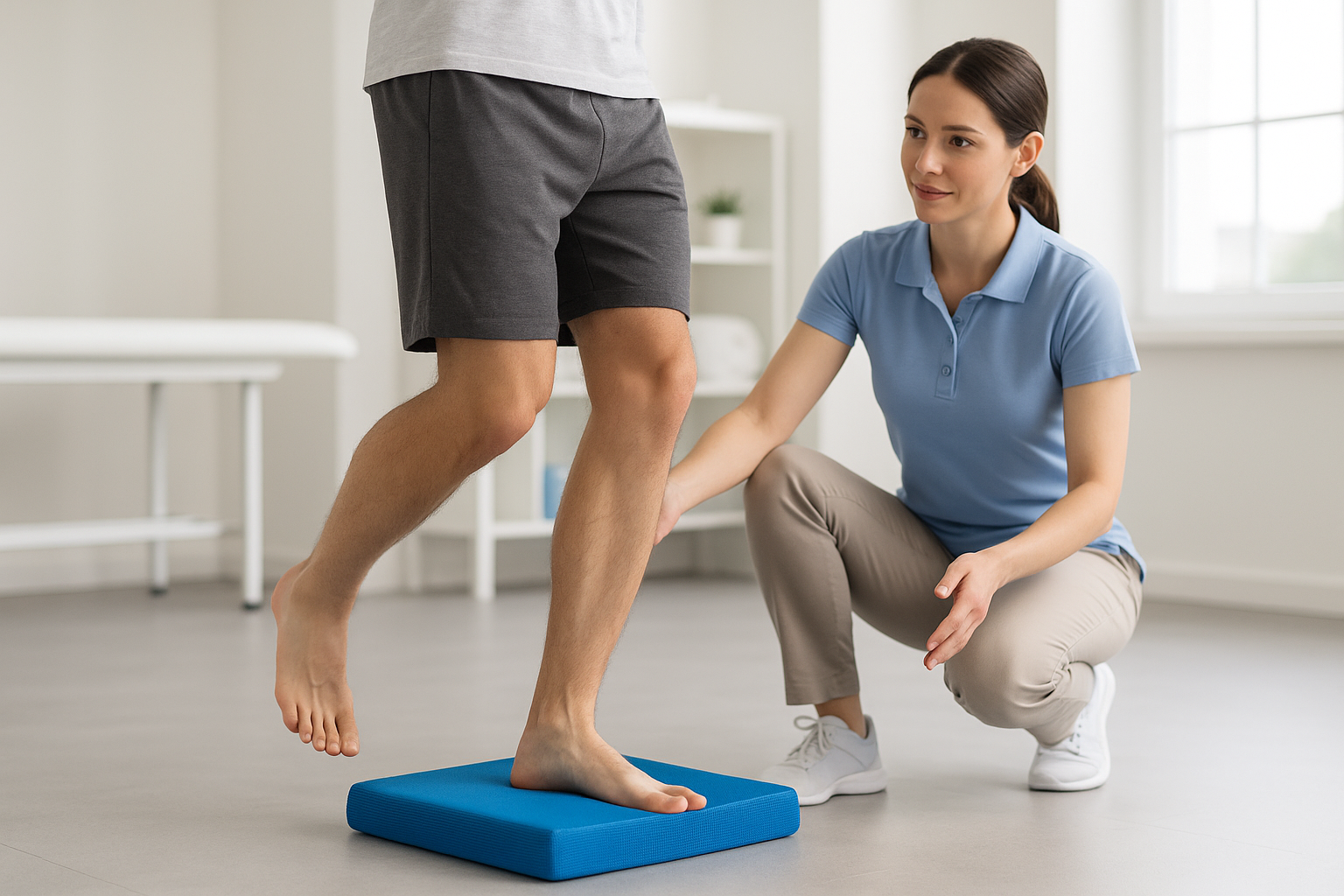 Fyzioterapeutický tréning stability členka, stoj na jednej nohe na mäkkej podložke.