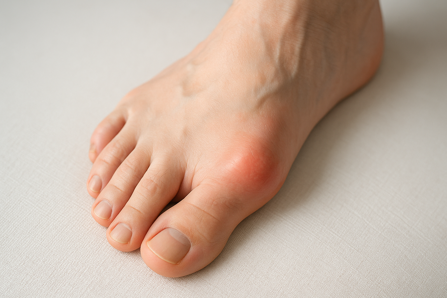 Opuch a podráždenie v oblasti základne palca na nohe, typické pre dnu, halux alebo artrózu.