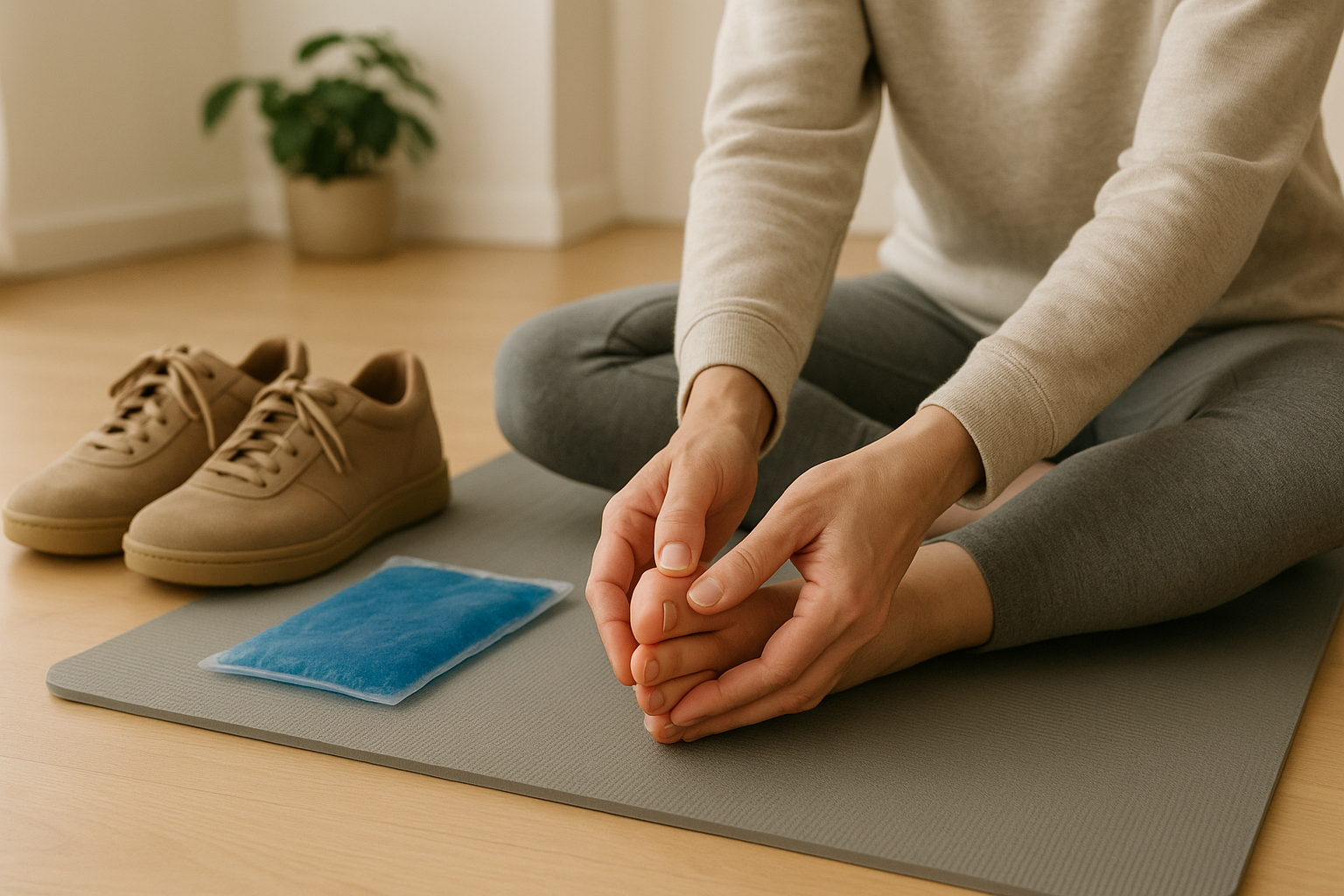 Domáca úľava pri bolesti palca na nohe: jemné rozhýbanie, chladenie a vhodná obuv so širšou špičkou.