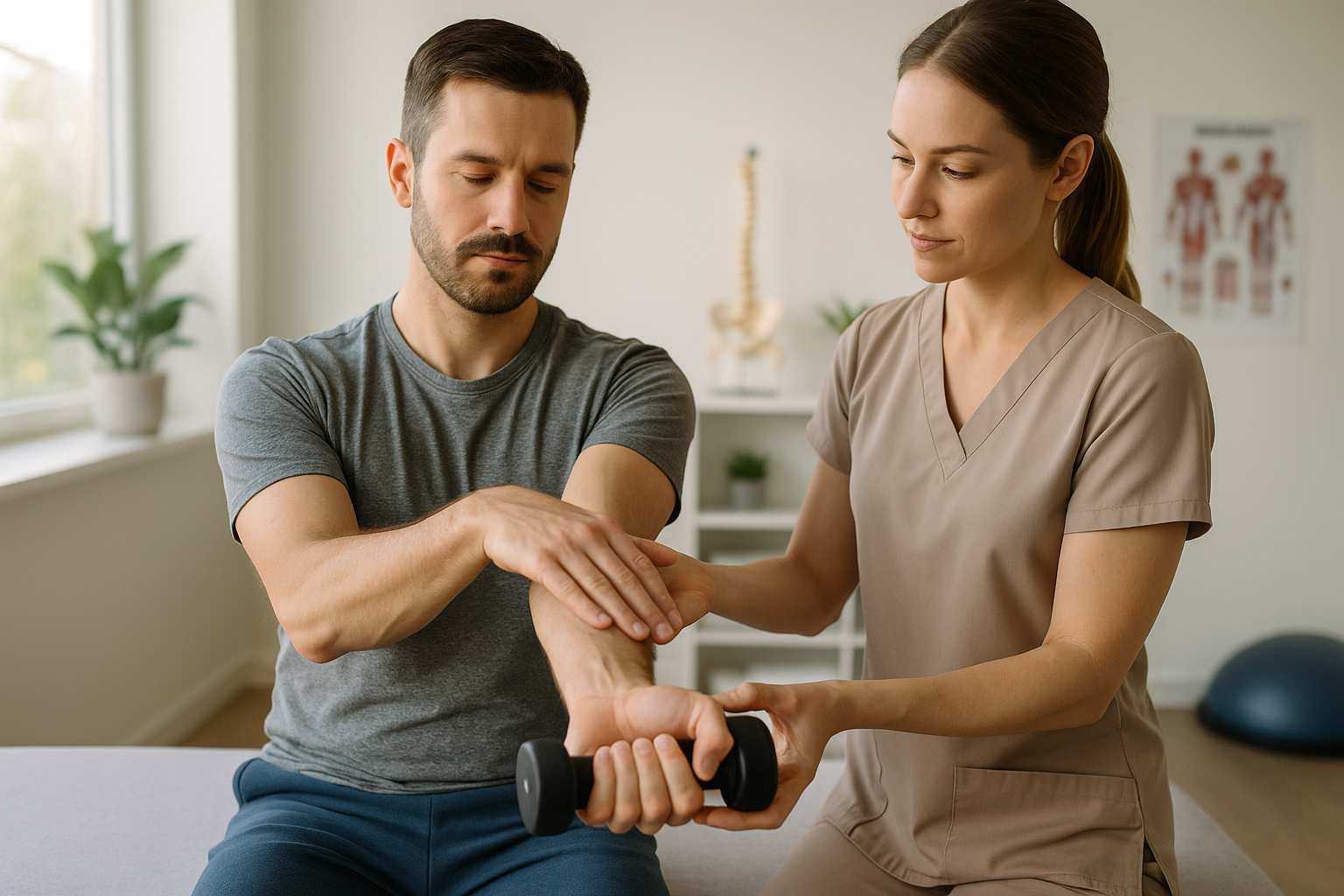 Fyzioterapeutické cvičenie a strečing pri tenisovom lakti, šetrná rehabilitácia predlaktia a zápästia.