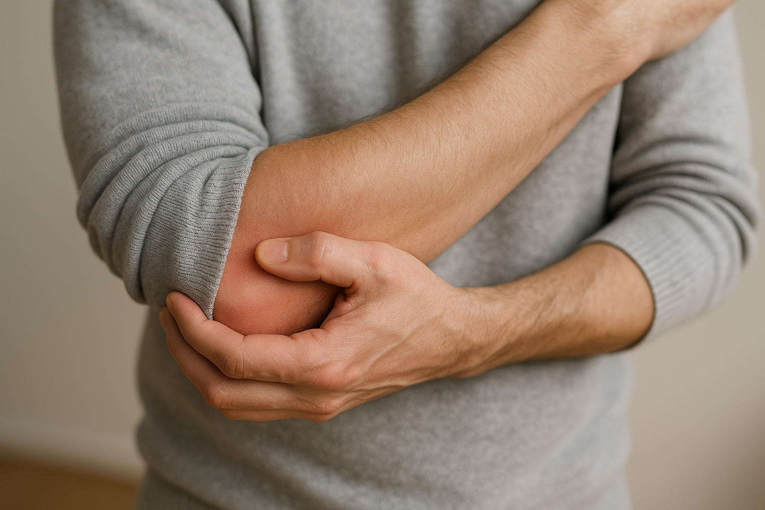 Bolesť tenisového lakťa pri bežnej dennej činnosti, citlivá vonkajšia strana lakťa a predlaktia.