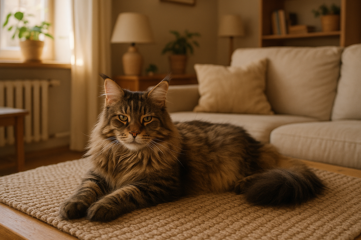 Maine Coon ako rodinná mačka v obývačke