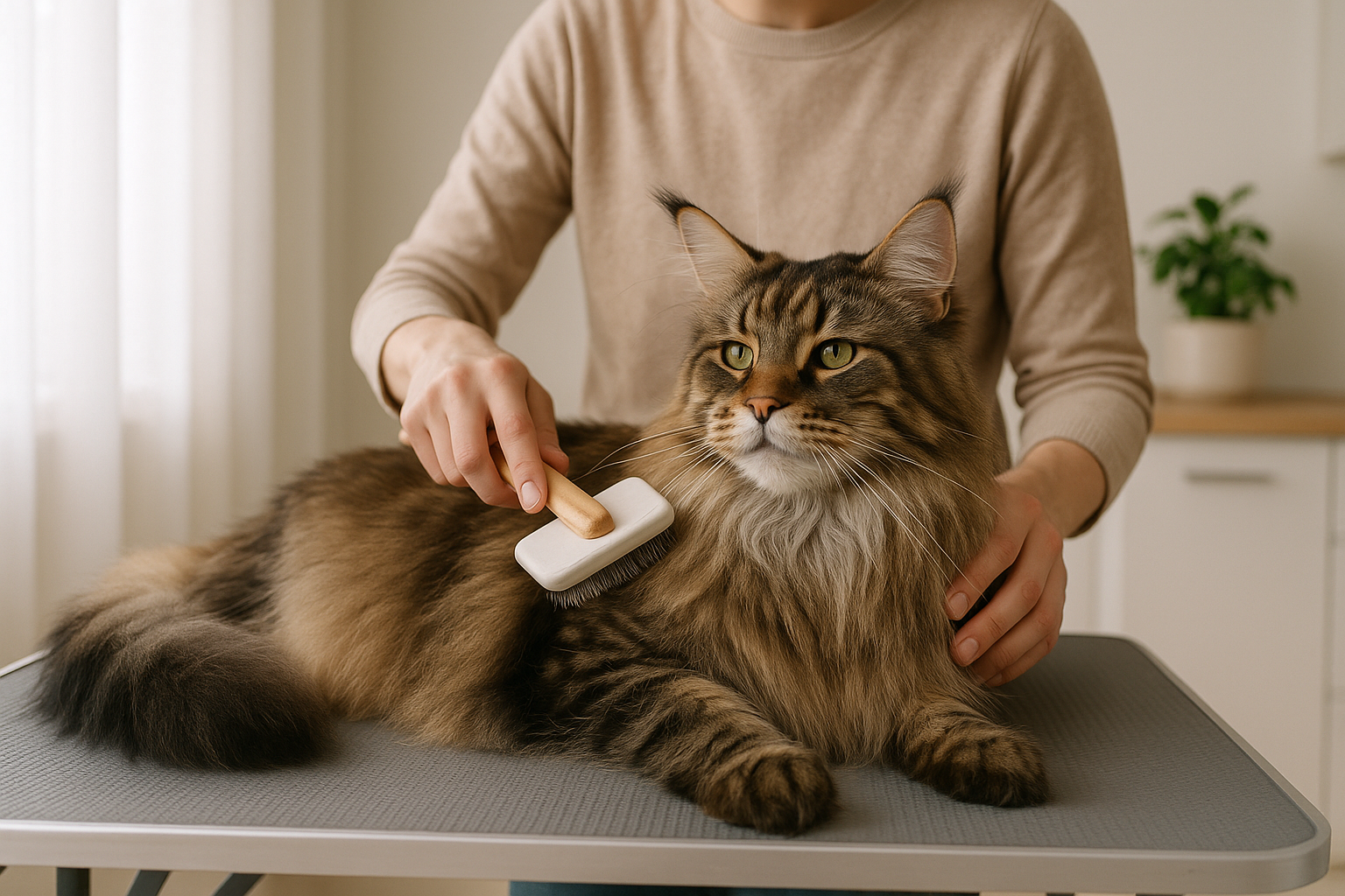 Česanie srsti mačky plemena Maine Coon