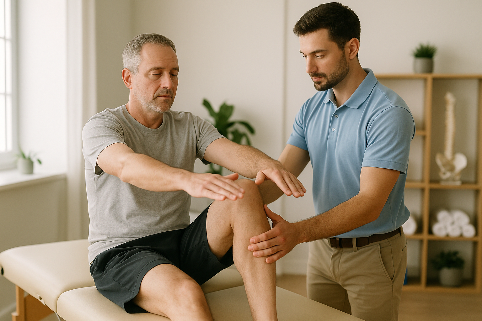 Jemné rehabilitačné cvičenie kolena a bedra pod dohľadom fyzioterapeuta ako súčasť starostlivosti o praskajúce kĺby.