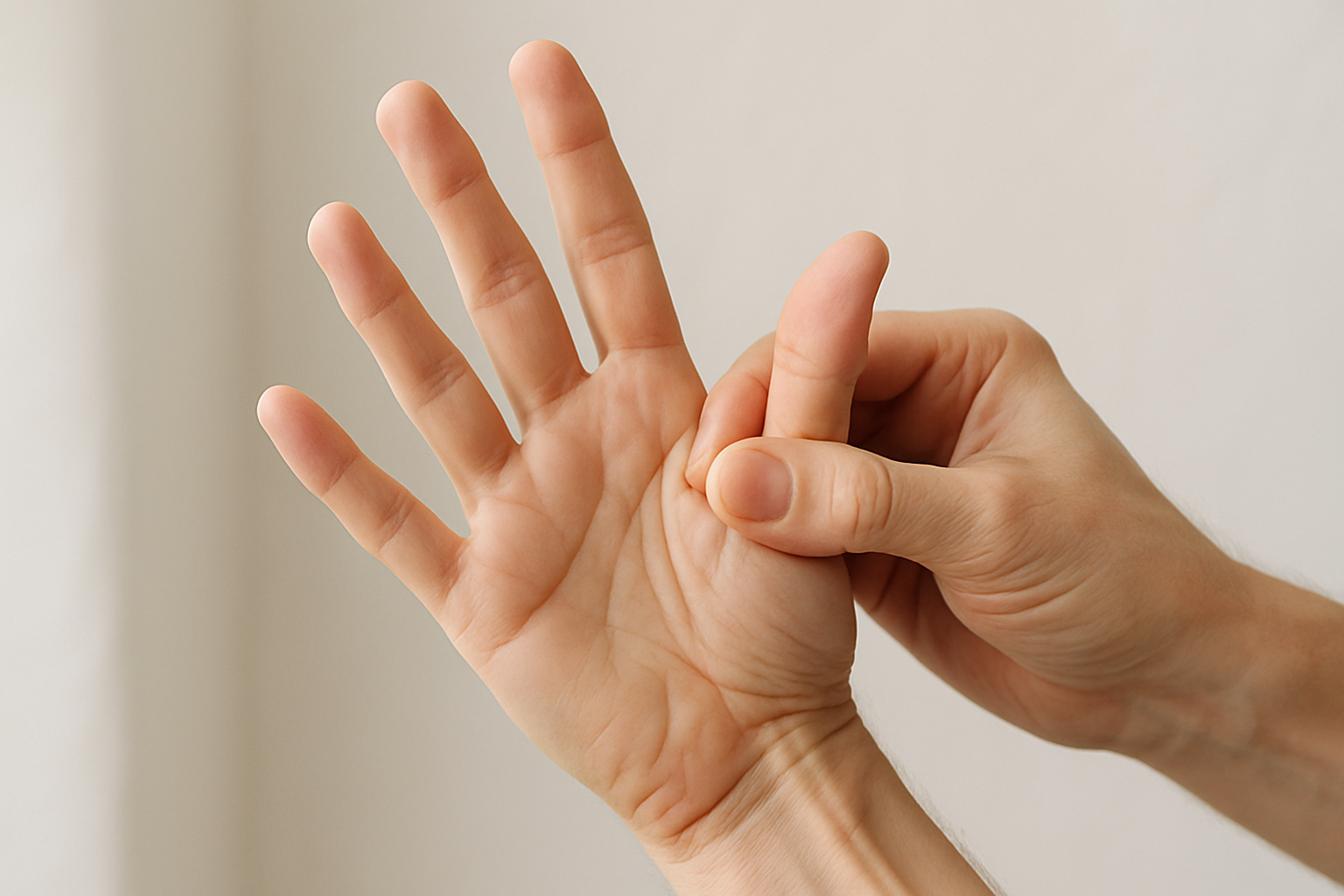 Detail rúk a prstových kĺbov pri jemnom natiahnutí, ktoré ilustruje bežné neškodné praskanie v kĺboch.