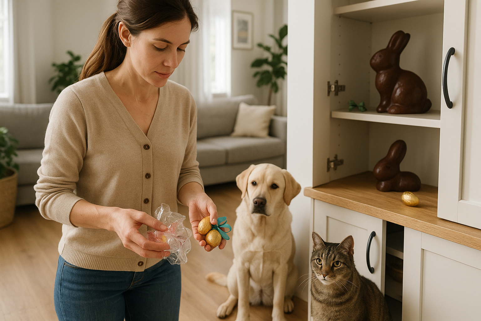 Majiteľ odkladá čokoládu a dekorácie mimo dosahu psa a mačky