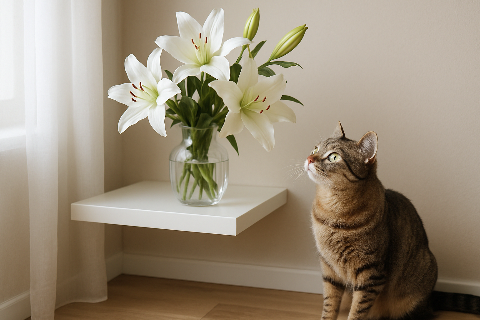 Mačka pri veľkonočnej kytici s ľaliami mimo dosahu