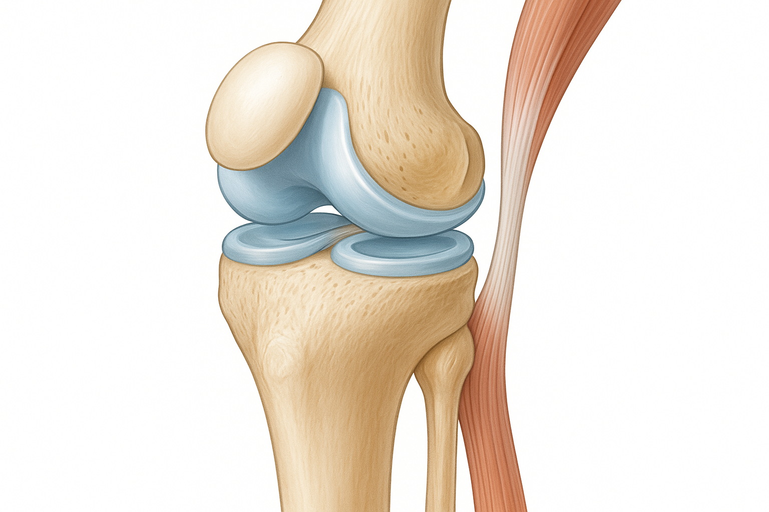 Ilustrácia kolenného kĺbu s chrupavkou, meniskom a šľachami
