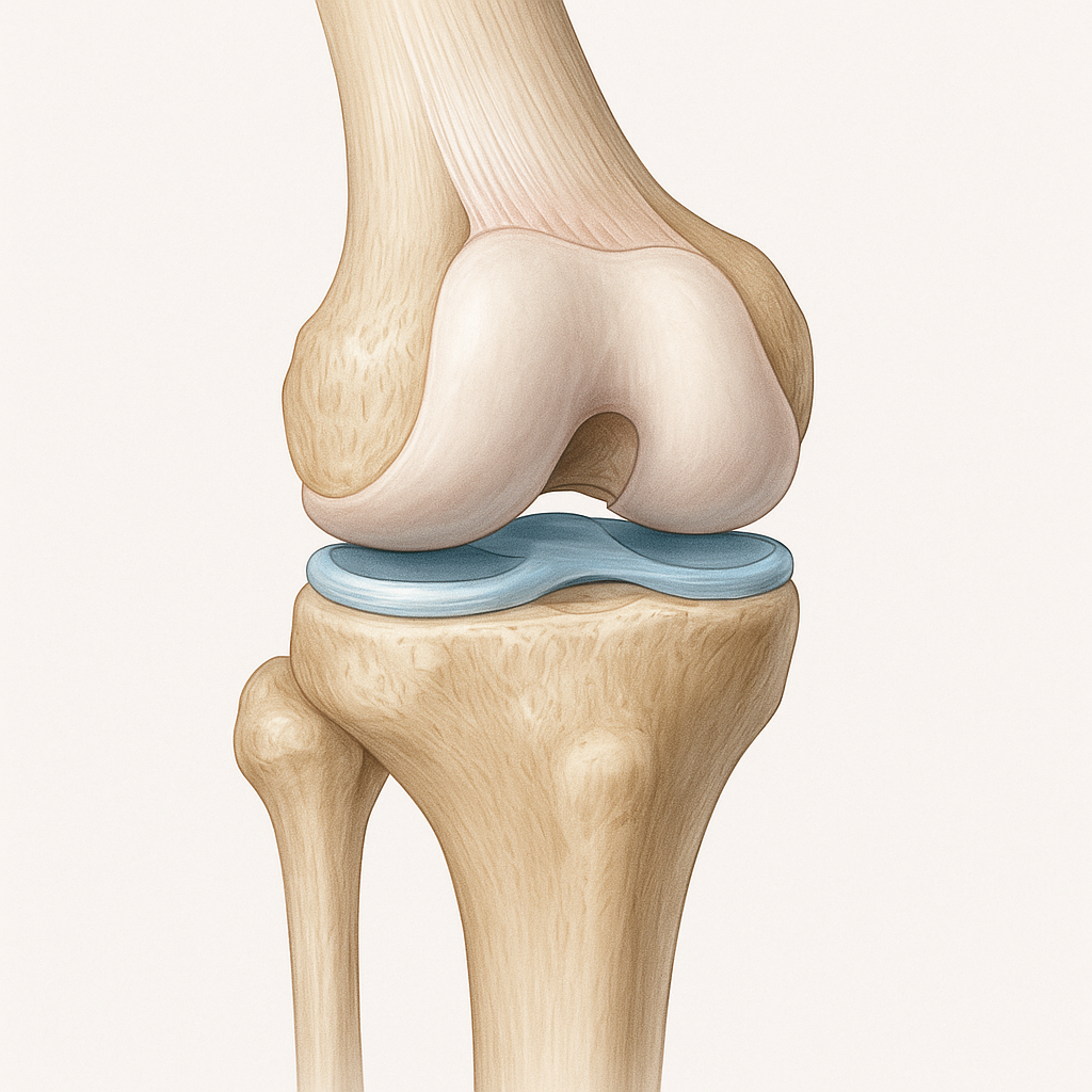 Anatomická ilustrácia kolena s jabĺčkom, chrupavkou a meniskom